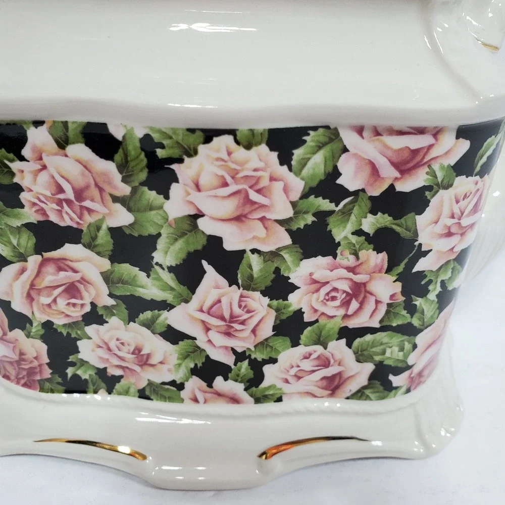 Crown Dorset Teapot Staffordshire England Pink Rose Black‎ Floral Gold Gilt Trim